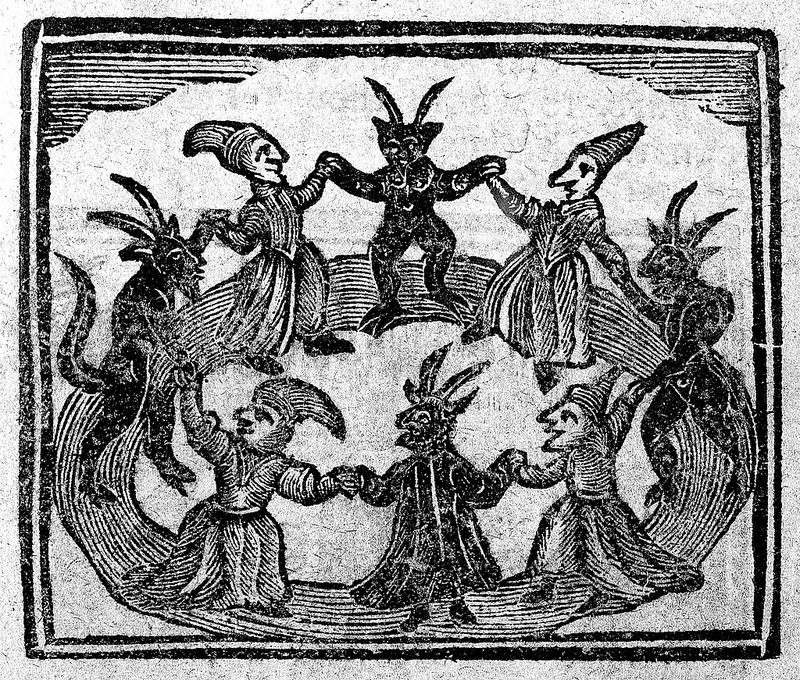 engraving of witches dancing with devils
